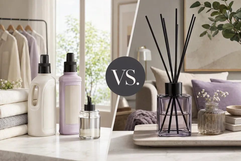 AI-generated editorial image comparing a room diffuser and fragrance gel for home fragrance