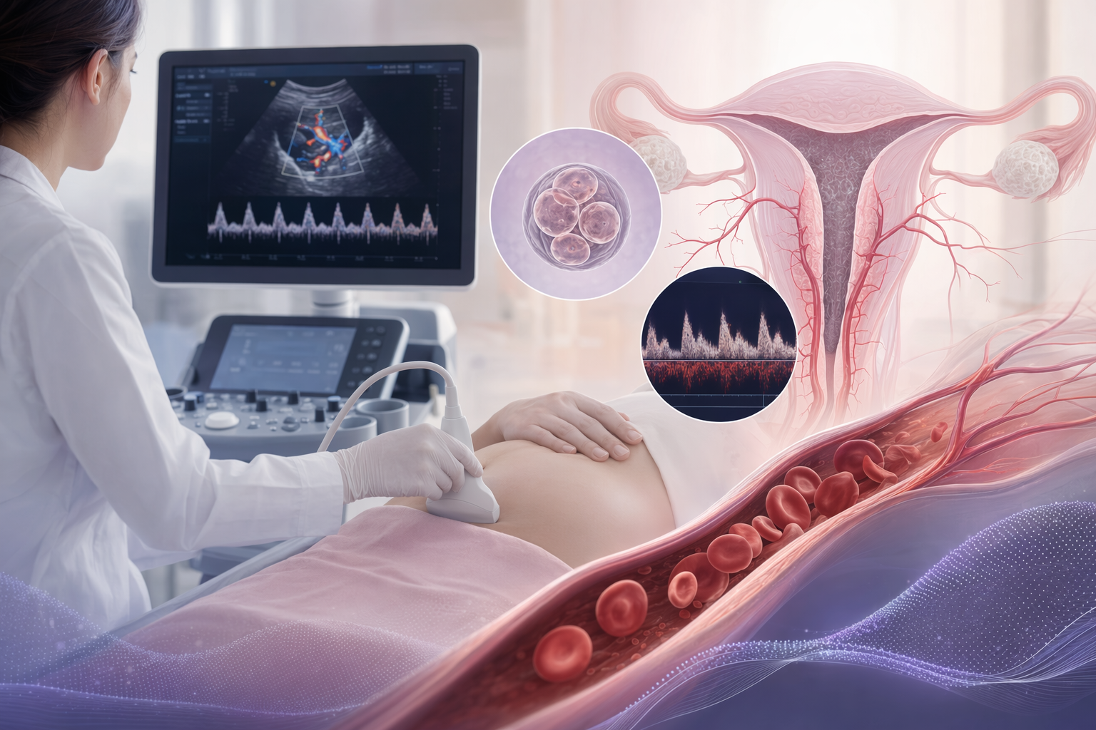 IVF／FET 移植前以 Doppler 檢查子宮動脈血流的示意圖