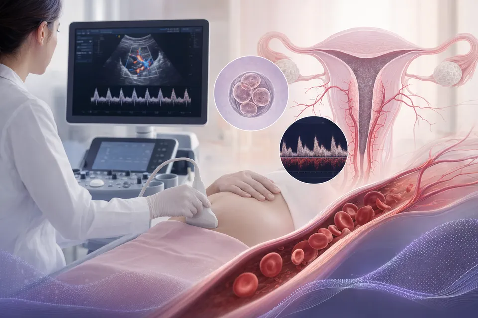 IVF／FET 移植前以 Doppler 檢查子宮動脈血流的示意圖