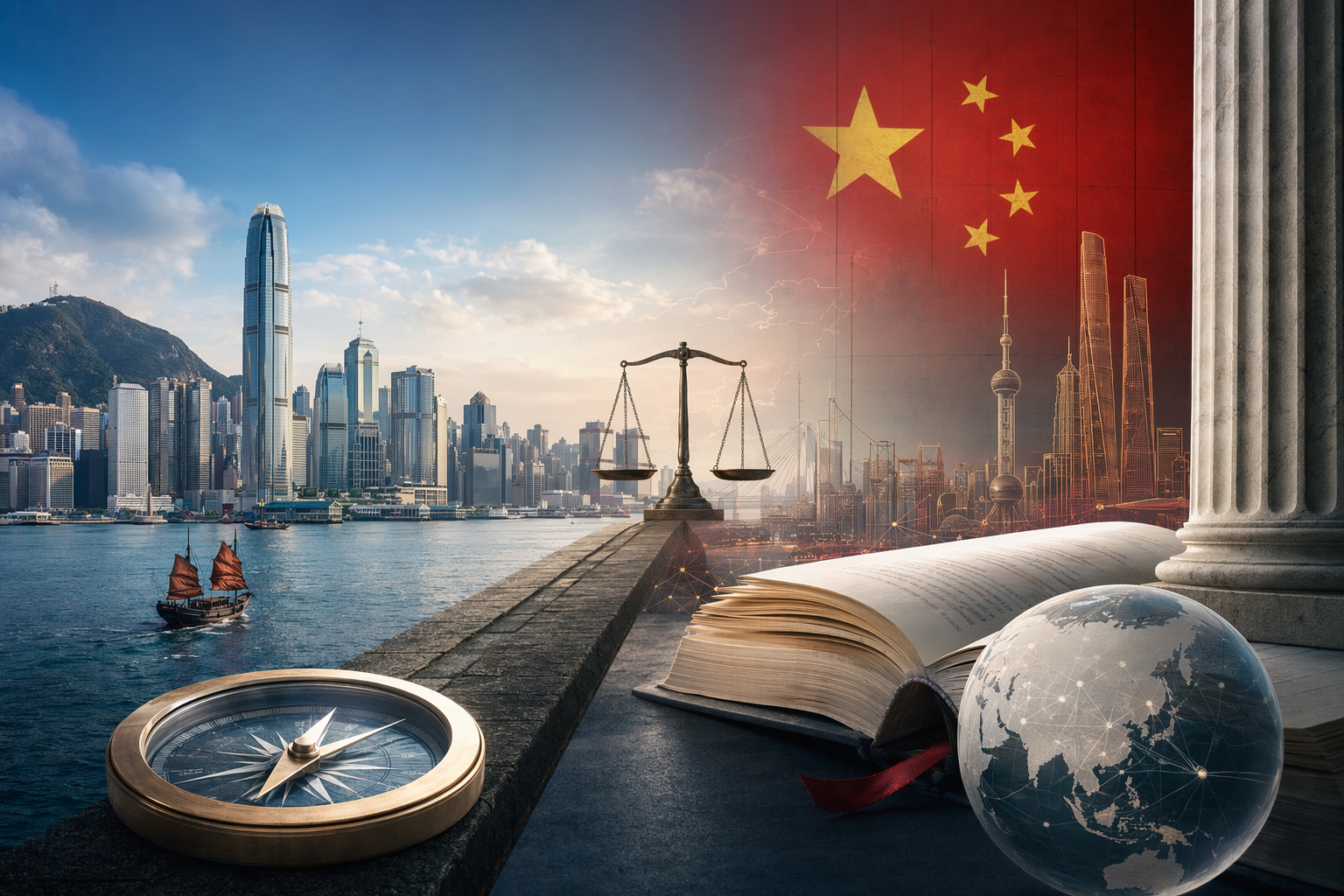 香港金融區天際線與抽象金融圖表，象徵中國金融法對香港金融中心定位的潛在影響