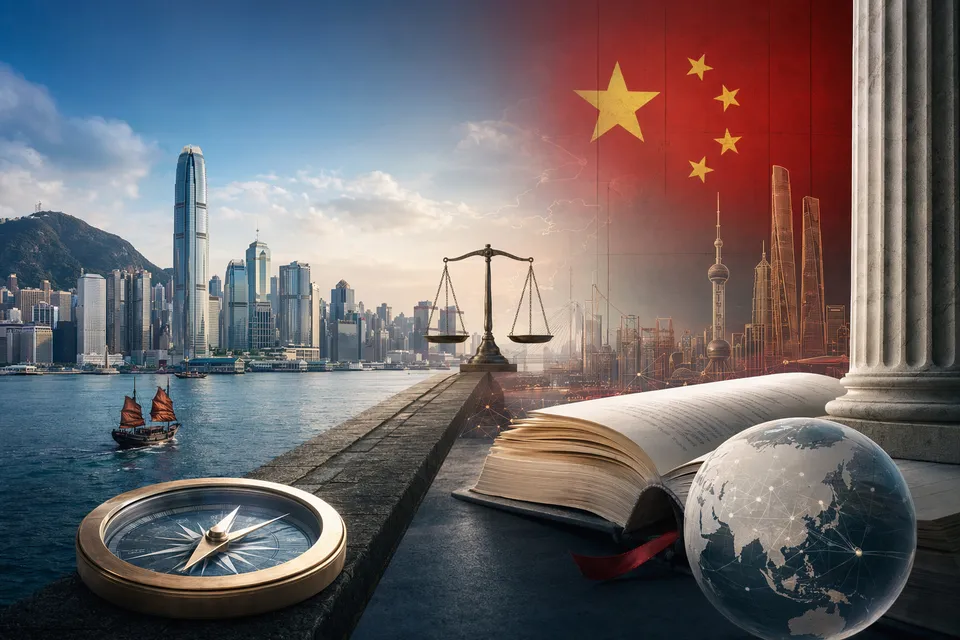香港金融區天際線與抽象金融圖表，象徵中國金融法對香港金融中心定位的潛在影響