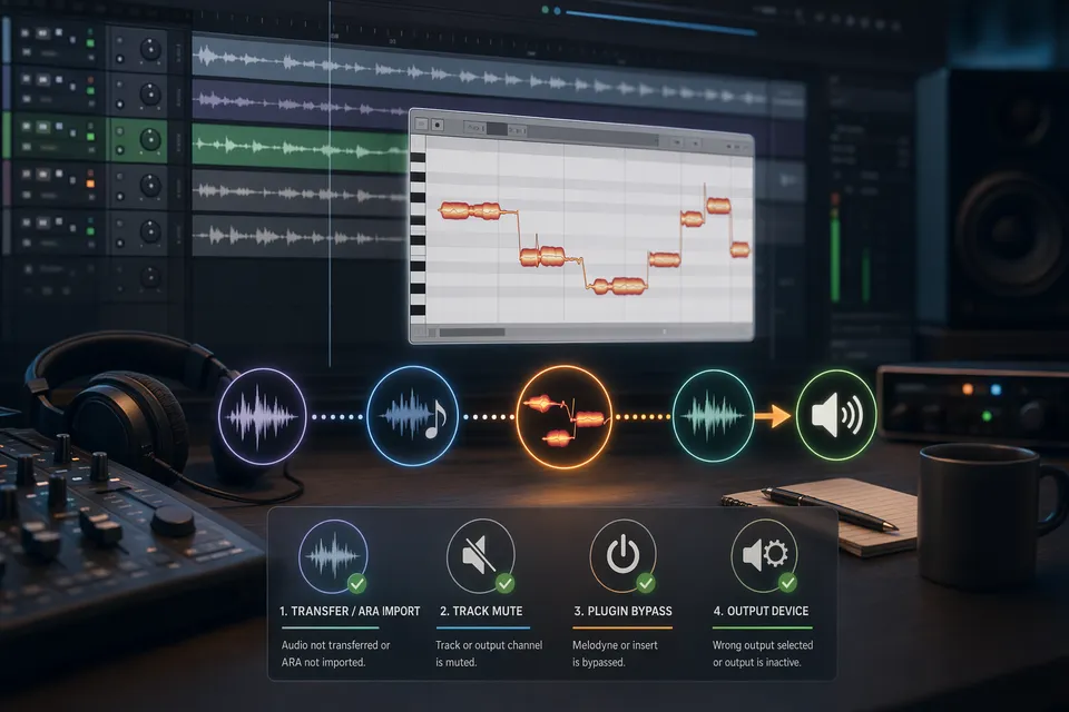 Melodyne 冇聲排查示意:DAW 畫面中的音頻波形、blobs、ARA Transfer 和輸出設定