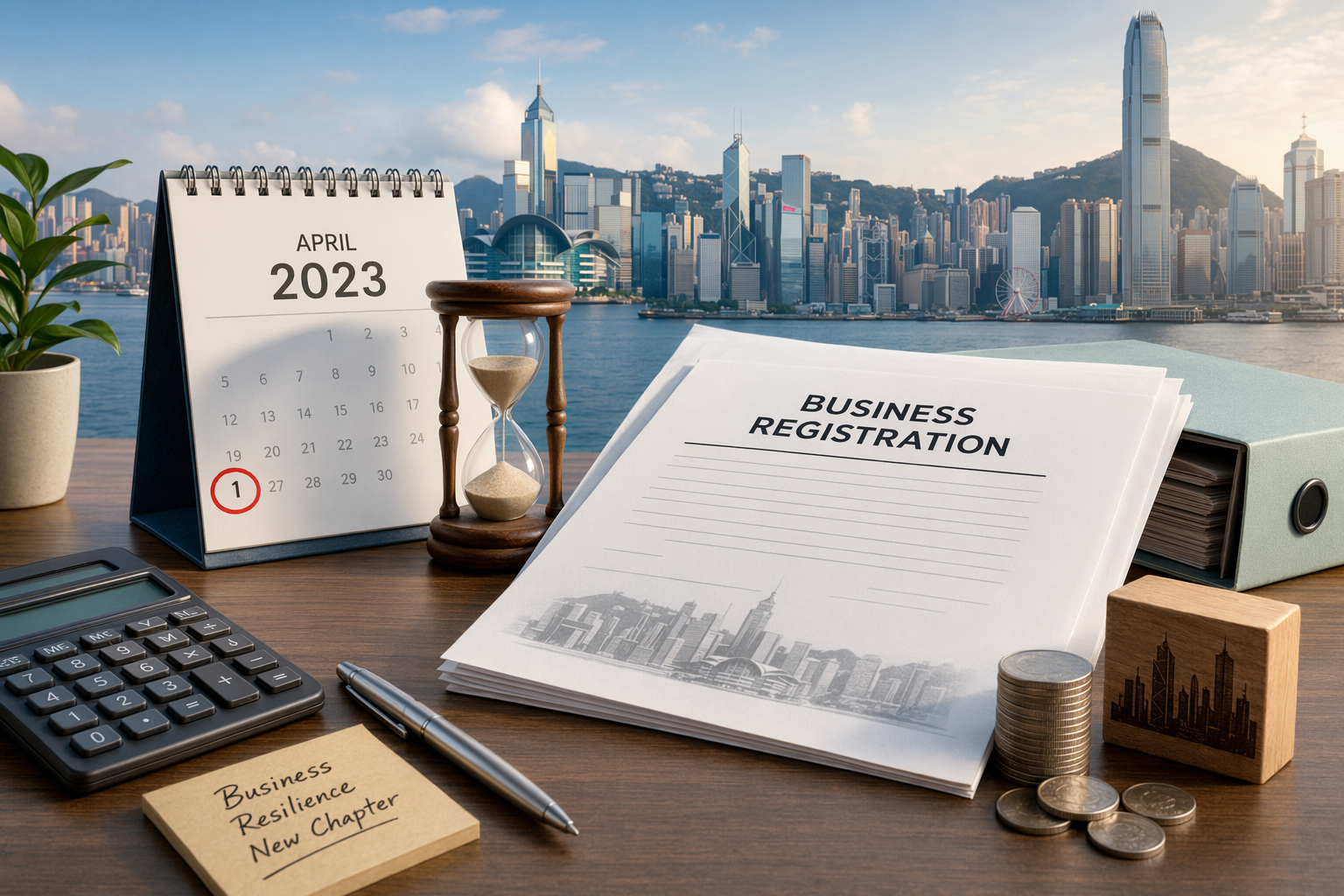 Editorial illustration of Hong Kong business registration paperwork and fee timeline