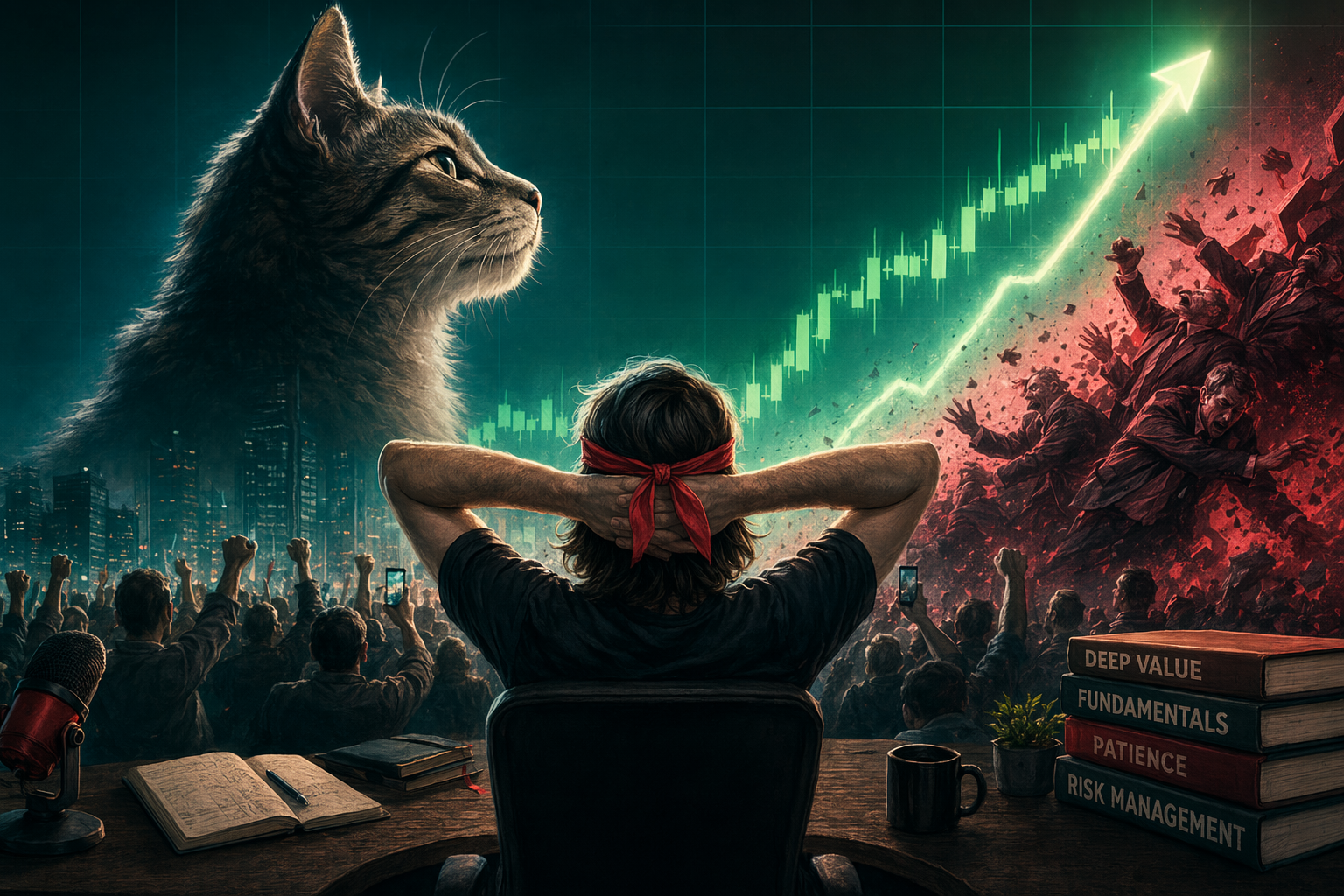 Roaring Kitty与GameStop逼空行情的概念插画，包含股票走势图、散户社群和市场波动元素