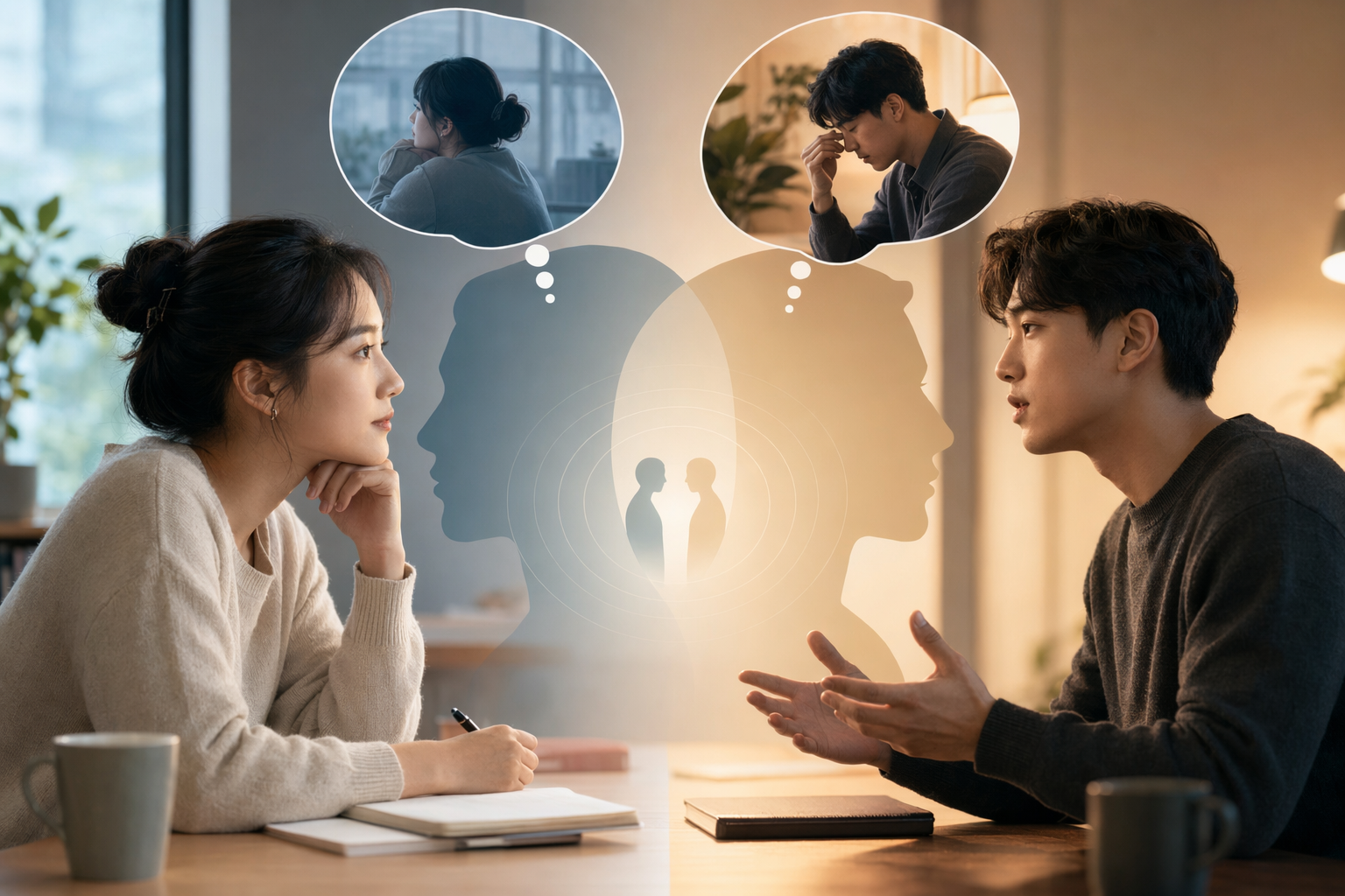 두 사람이 마주 앉아 서로의 입장을 이해하며 대화하는 공감적 의사소통 장면