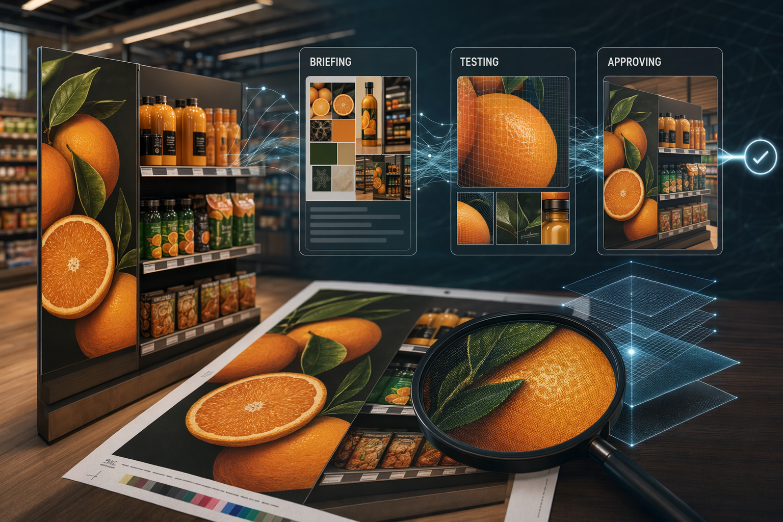 Retail POS display concept for a transformable stroller using AI-generated lifestyle imagery and print-ready layout review.