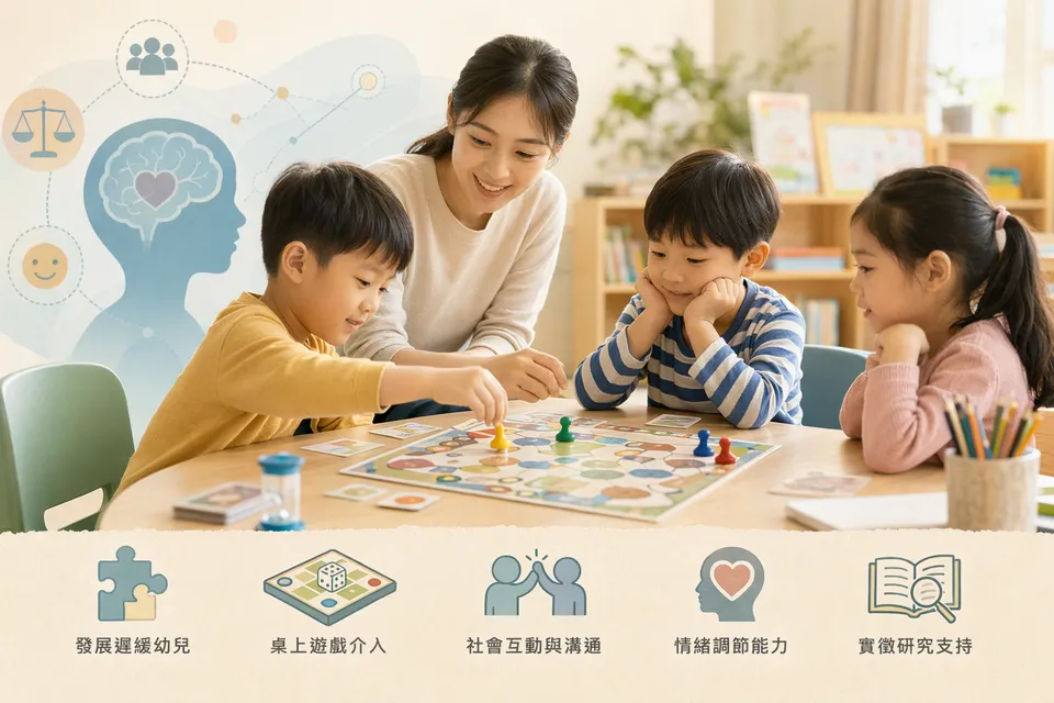 桌上遊戲促進發展遲緩幼兒情緒調節能力之相關研究,以桌上遊戲介入特殊需求幼兒之相關研究引用10年內出版之實徵研究6篇以上，其中一篇為英文