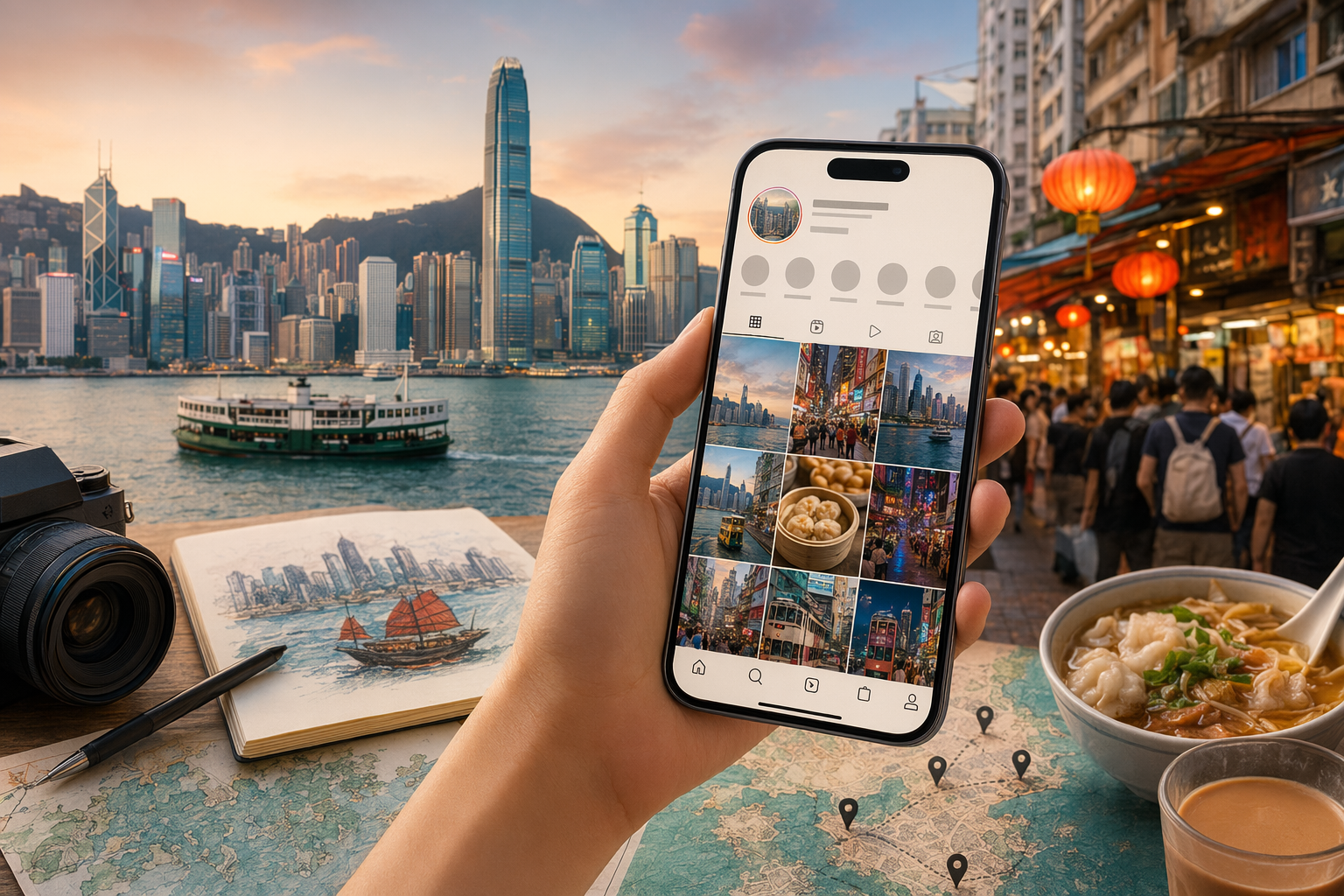 Illustration of a Hong Kong travel map with social media-style location pins