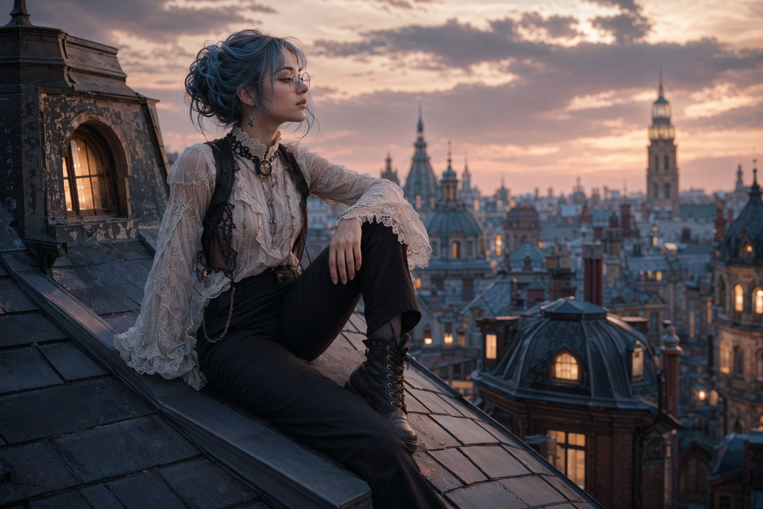 AI-generated cinematic portrait of a young woman in Victorian-inspired clothing seated on a rooftop at twilight