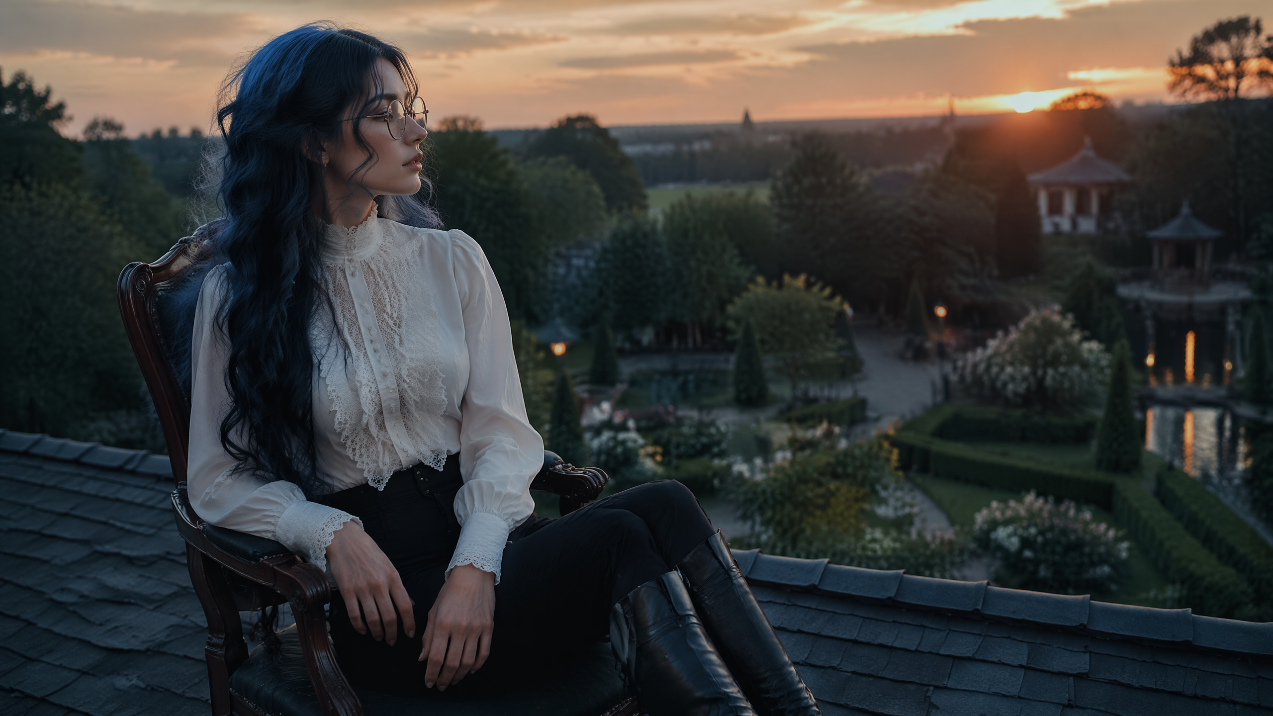 AI-generated cinematic portrait of a young woman in Victorian-inspired clothing sitting on a shingled roof at twilight