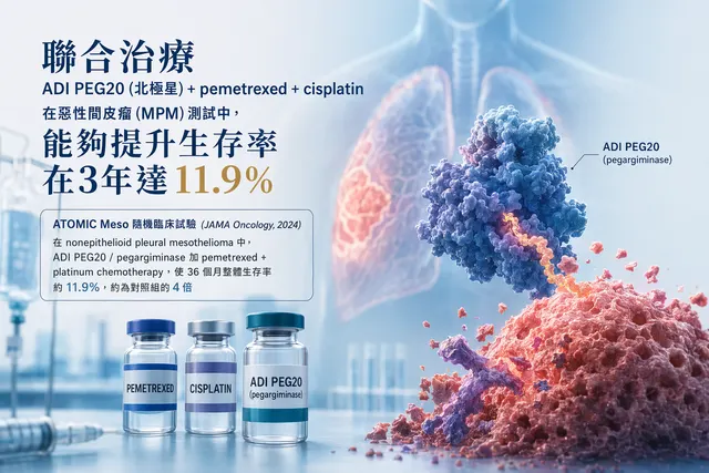 "聯合治療 ( ADI PEG20 (北極星) + pemetrexed + cisplatin )在惡性間皮瘤 (MPM)測試中， 能夠提升生存率在3年達11.9%"提供以上的來源證明。