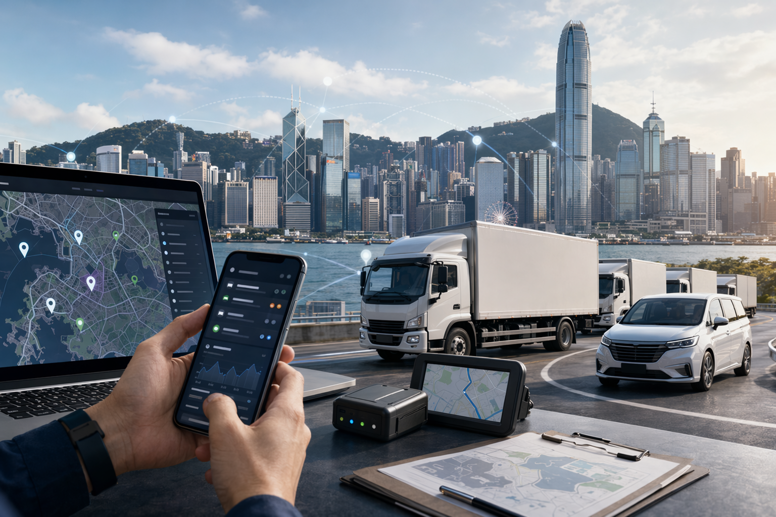 Illustration of fleet vehicles and a GPS tracking dashboard for Hong Kong fleet management apps