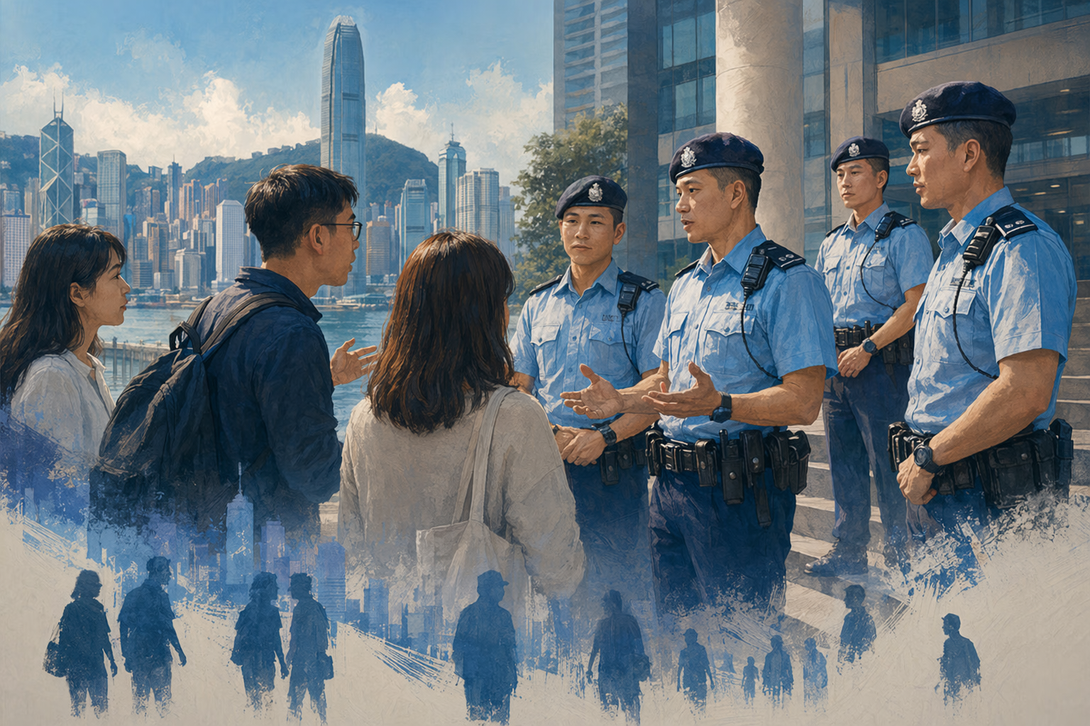 Editorial illustration of police legitimacy, public trust and accountability in Hong Kong
