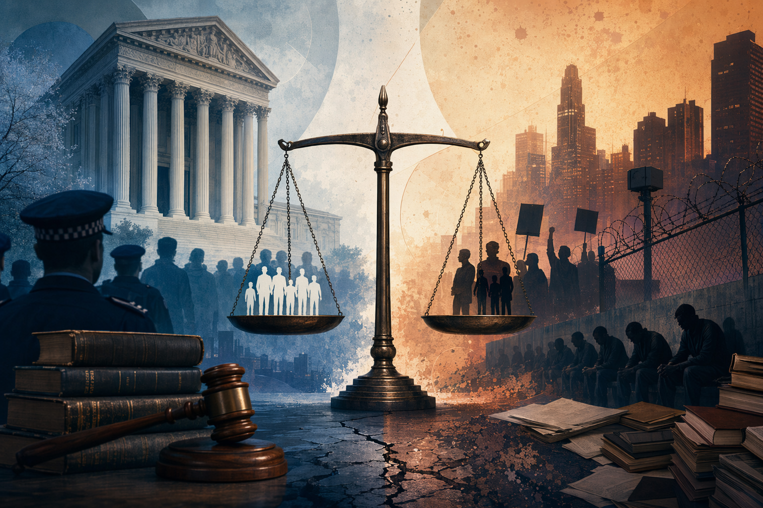 Illustration for a criminal law sociology revision guide showing consensus, conflict and crime measurement themes