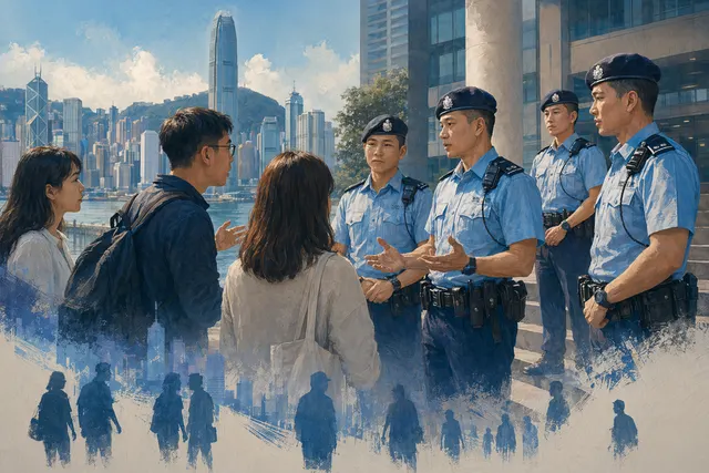 Editorial illustration of police legitimacy, public trust and accountability in Hong Kong