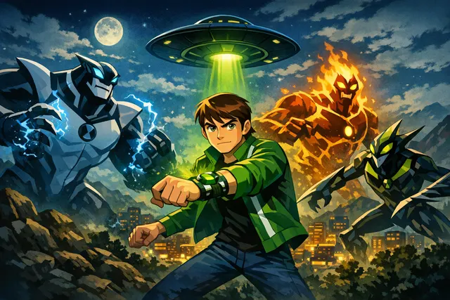 AI-generated cinematic keyframe of a Ben 10 Ultimate Alien Force rooftop scene overlooking Bellwood at sunset, with digital screens displaying an evacuation warning.