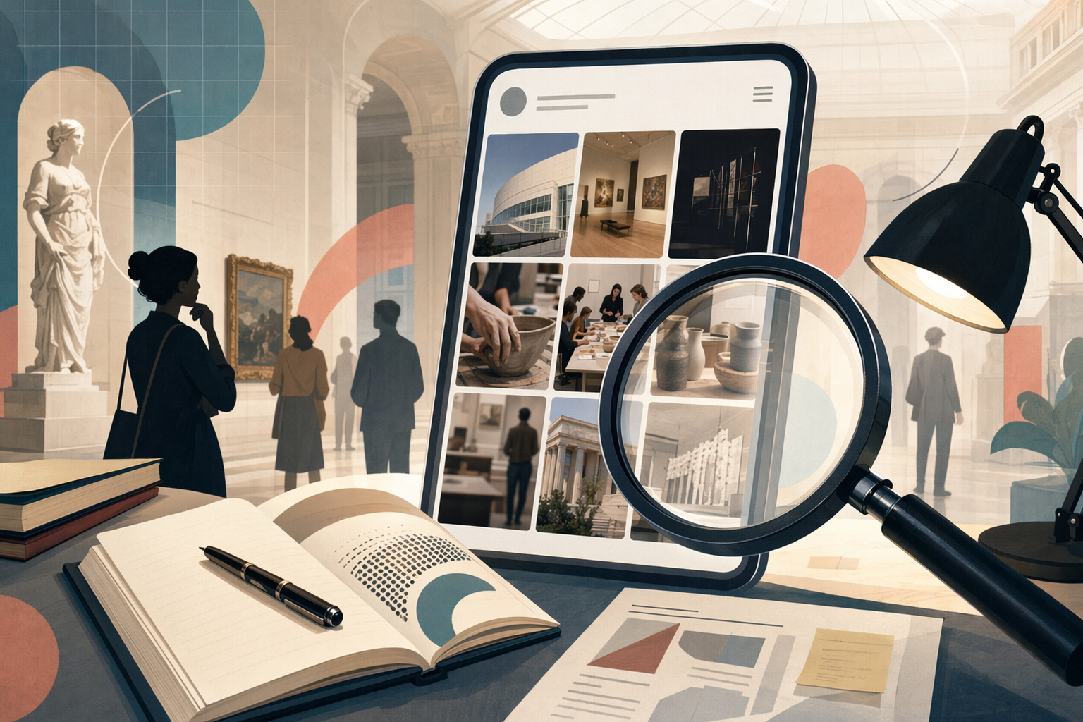AI-generated editorial illustration of a museum Instagram audit for membership and workshop promotion